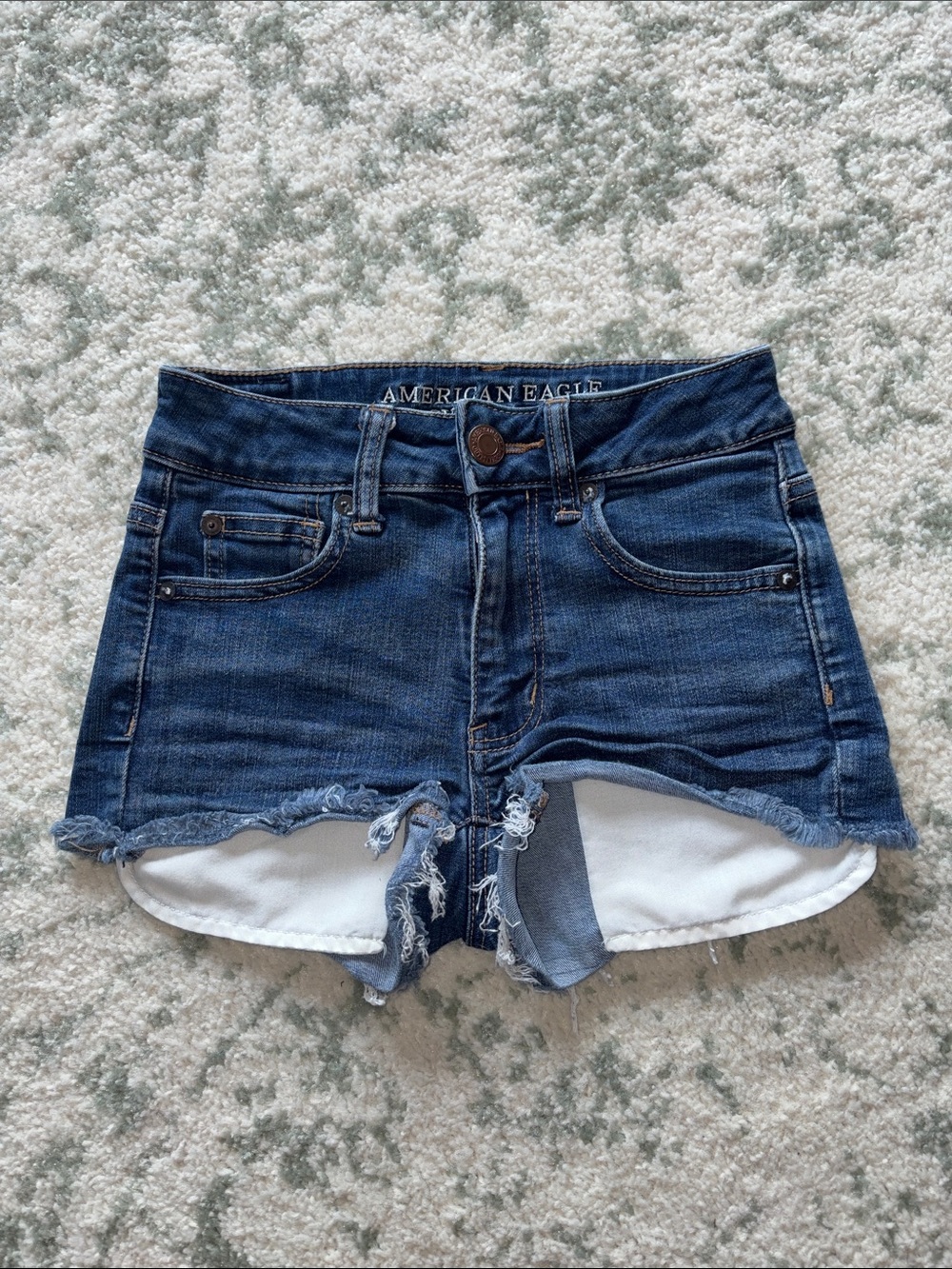 American Eagle Outfitters Dark Blue Denim High Waist Frayed Shorts